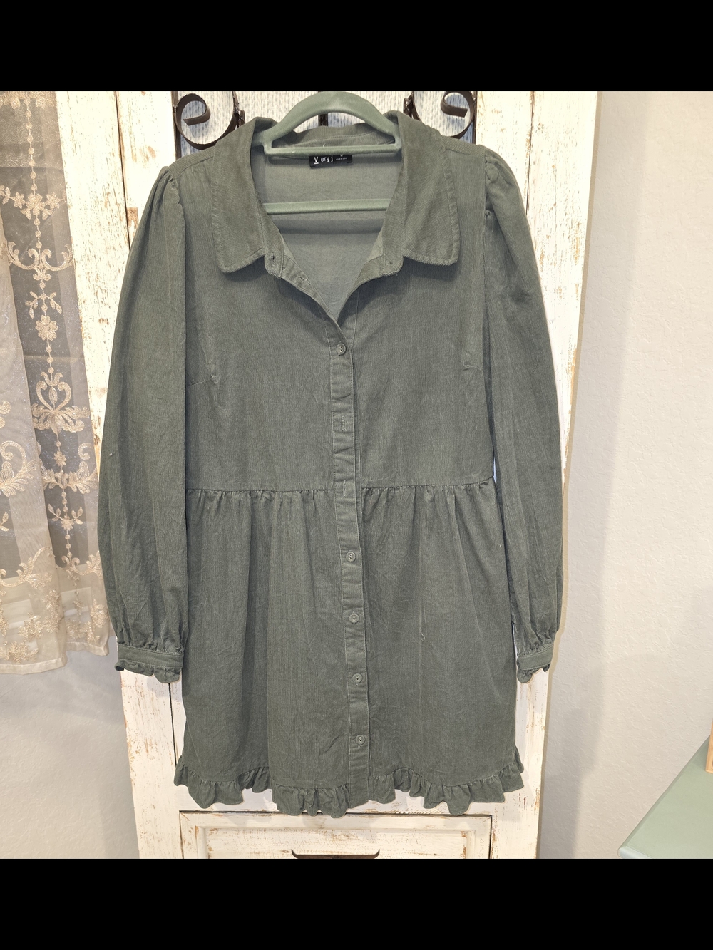 Very J Olive Green 100 % Cotton Button-Front Shirt Dress
